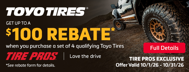 Toyo Tires banner: up to 0 rebate on a set of 4 qualifying tires; rugged off-road vehicle on dirt, red Full Details button, offer valid 10/1/26–10/31/26.
